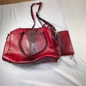 Red Croc Embossed Satchel Handbag With Matching Zip Wallet